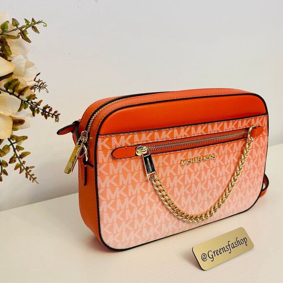 Michael Kors Purse Jet Set Large Ombré Signature Logo Crossbody Body Red Clay - Picture 3 of 12